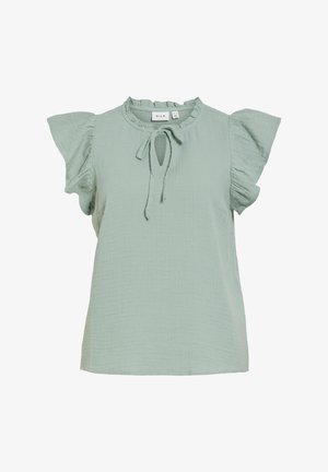 Light green short-sleeve blouse with ruffled sleeves, a round ruffled neckline, and a front tie detail.