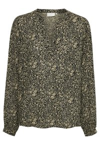 Blusa nera e crema con maniche lunghe in tessuto leggero, caratterizzata da un motivo floreale, scollo a V e dettagli con polsini abbottonati.