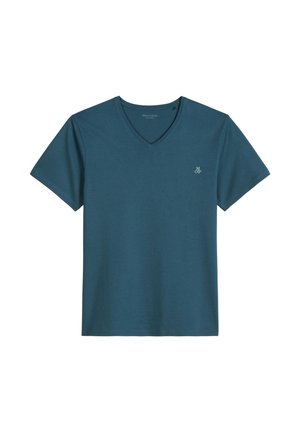 Dark teal short-sleeve V-neck T-shirt with a small light-colored "M OP" logo on the left chest.