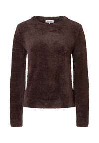 Brauner, flauschiger Pullover mit rundem Halsausschnitt und langen Ärmeln. Weiche Textur, ohne Muster, und ein gerippter Saum am unteren Ende.
