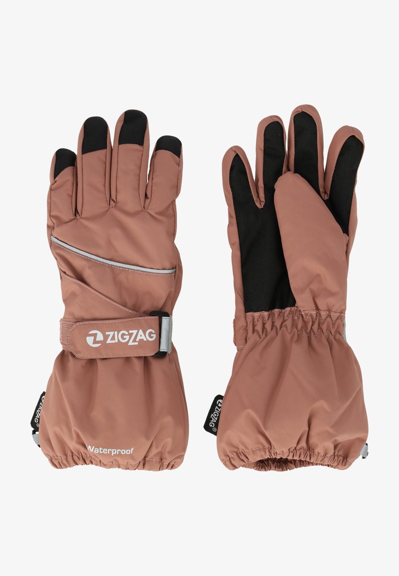 Vandtætte handsker i en støvet rosenfarve med sorte detaljer, med en tætsiddende manchet, justerbar rem og reflekterende stykker.