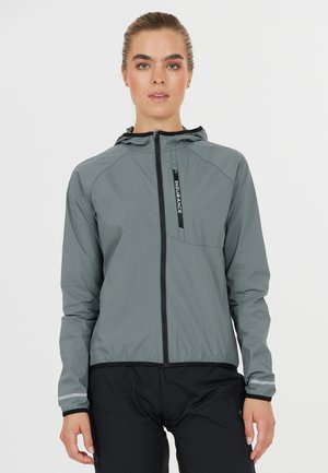 Lightweight gray hooded jacket with a front zipper and black accents. Features a chest pocket and elastic cuffs for a snug fit.