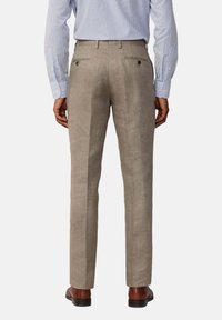 Beige linen trousers with a straight-leg design, featuring two back pockets. A subtle texture complements a clean, tailored look.