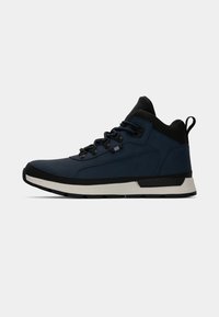 Dark blue high-top sneaker with a black accent, textured upper, round toe, and a thick white outsole featuring a grip pattern.
