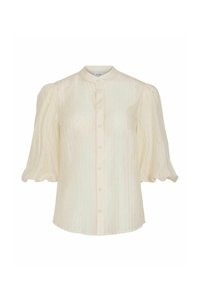 Camisa crema con cuello y cierre frontal de botones; presenta mangas tipo globo y rayas verticales con pequeños adornos dispersos.