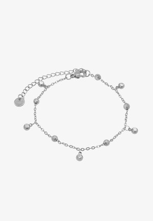 Bracciale in argento con una delicata catena, caratterizzato da perline metalliche rotonde e piccole pietre preziose trasparenti, chiuso con un moschettone e un'estensione.