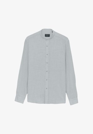 Jasnoszara, długosleeve'owa koszula zapinana na guziki z okrągłym kołnierzykiem i teksturowanym materiałem. Widok z przodu, bez widocznych wzorów ani grafiki.