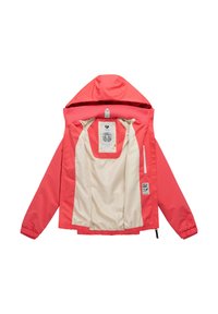 Red hooded jacket with cream interior lining, elastic cuffs, and visible inner labels on a white background.