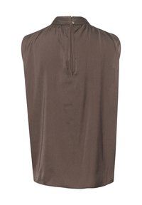 Blusa senza maniche marrone con collo alto, dotata di apertura a chiave sul retro e una leggera lucentezza. Tessuto liscio con morbida caduta.