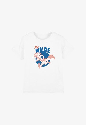 Weißes Baumwoll-T-Shirt mit einer grafischen Illustration eines Fuchses und dem Text „Stay WILDE“ in Blau und Orange. Klassisches Rundhals-Design.