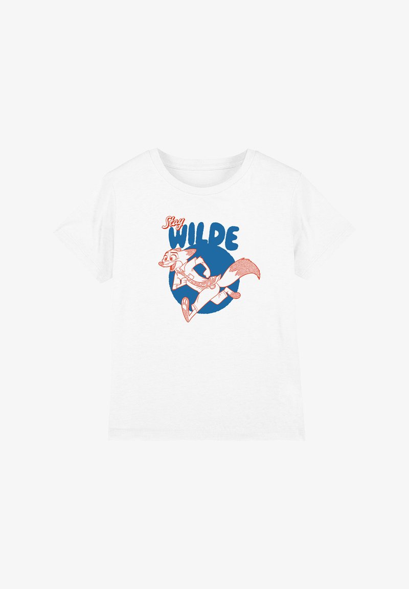 White cotton t-shirt featuring a graphic illustration of a fox and the text “Stay WILDE” in blue and orange. Basic crew neck design.