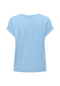 T-shirt bleu clair à manches courtes avec ourlets relevés vu de dos, présentant un col rond et une coupe décontractée.