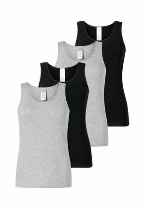 Vier ärmellose Baumwoll-Tanktops, überlappend angeordnet, abwechselnd in Schwarz und Grau, auf weißem Hintergrund dargestellt.