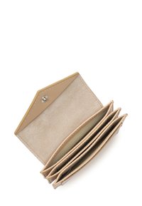 Beige leather wallet with a snap closure. Features three card slots and a smooth interior lining. Textured exterior with stitched accents.