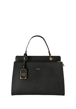 Borsa a mano rettangolare in pelle nera con una maniglia superiore singola, ferrature dorate e una targhetta con il logo GMV Gianmarco Venturi.