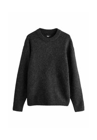 Maglione grigio scuro realizzato in tessuto strutturato, con scollo a girocollo e maniche lunghe con polsini e orlo a coste. Nessun motivo o accentuazione.