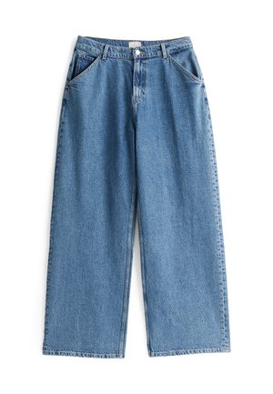 Lichtblauwe denim wijdvallende jeans met een hoge taille, voorzien van zakken aan de voorkant en een knoopsluiting, textuurstof met subtiele vervaging.