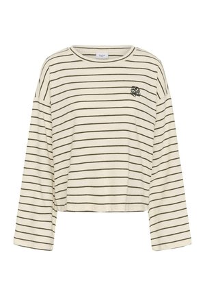 Cream long-sleeve cropped shirt with black horizontal stripes and small black embroidered logo on the left chest.