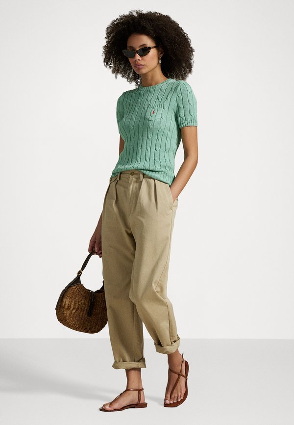 Cable Knit Cotton Short Sleeve Sweater - Basic T-shirt - celadon4