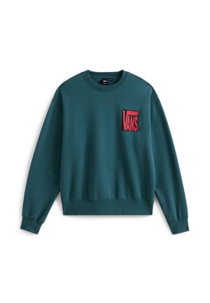 Sweatshirt teal en tissu doux, avec un col rond et des poignets côtelés. Grand logo "VANS" rouge à l'avant en forme rectangulaire.