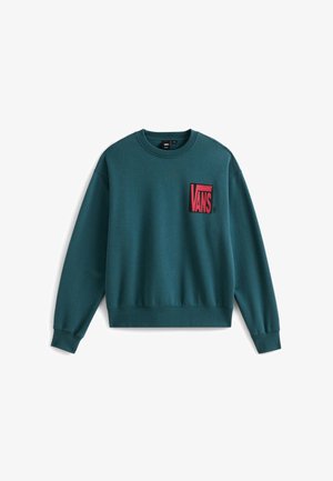 Sweatshirt teal en tissu doux, avec un col rond et des poignets côtelés. Grand logo "VANS" rouge à l'avant en forme rectangulaire.