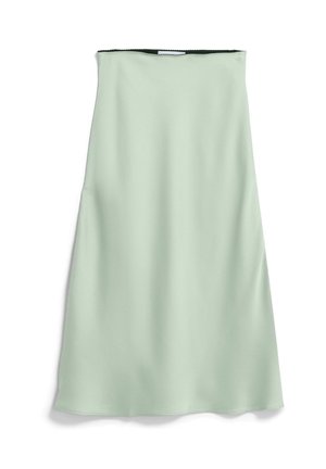 Hellgrüner, knielanger Rock in A-Linie mit glatter Textur und einfachem Taillenbund, flach auf weißem Hintergrund dargestellt.