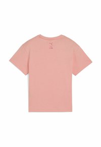 T-shirt di cotone rosa con scollo rotondo e maniche corte. Presenta un piccolo logo stampato vicino al colletto sul retro.