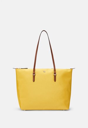 Yellow tote bag with a structured shape, featuring brown leather shoulder straps and a small metallic logo on the front center.