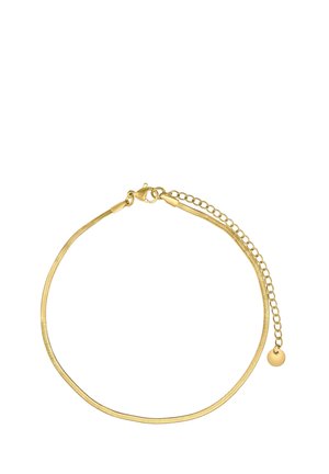 Gouden armband met een slank, glad kettingontwerp, voorzien van een kleine ronde bedel en verstelbare lengte via een slot en verlengkettinkje.