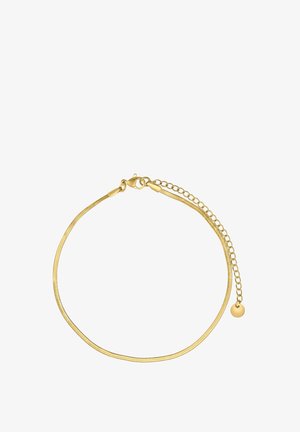 Pulsera de oro con un diseño de cadena elegante y suave, adornada con un pequeño charm redondo y longitud ajustable mediante un cierre y una cadena de extensión.