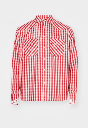 Punane ja valge ruuduline puhvikeelne särk pikkade varrukatega, nupuga ees, kahe rinna taskuga ja mansetidetailidega. Kerge tekstureeritud kangas.