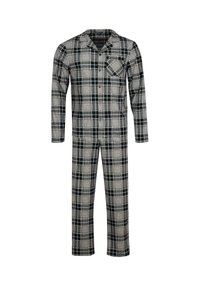 Heren grijs en zwart geruit long-sleeve knoopsluiting pyjamapak met een notch-kraag en borstzak.
