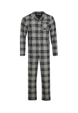 Heren grijs en zwart geruit long-sleeve knoopsluiting pyjamapak met een notch-kraag en borstzak.