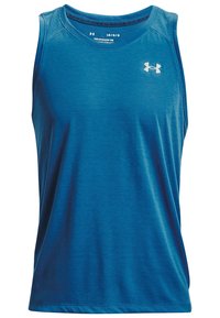 Niebieski sportowy top na ramiączkach wykonany z oddychającego materiału. Posiada okrągły dekolt, szerokie wycięcia na ramionach oraz małe logo na klatce piersiowej. Teksturowany design.