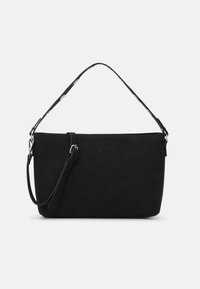 Mustast seemisnahast käekott, sileda tekstuuriga, eemaldatava õlarihma ja kontrastse mustrilise käepidemega. Lihtne ja ristkülikukujuline disain.