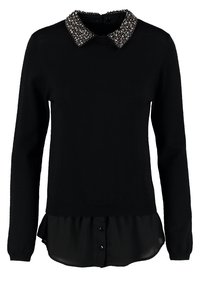 Maglione nero con maniche lunghe, caratterizzato da un colletto decorativo di perline. Design a strati con orlo in camicia trasparente nera e chiusura a bottone.