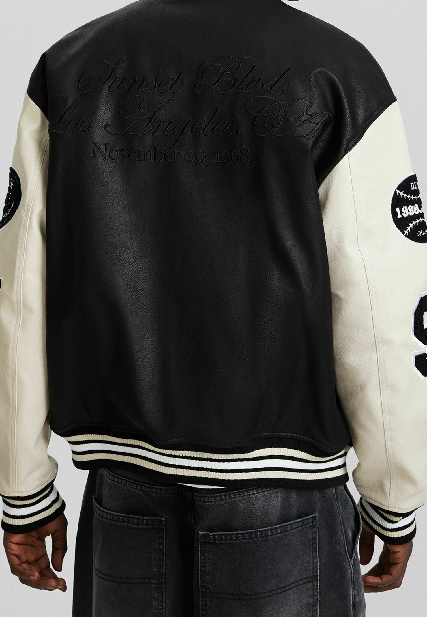 【BLACK】Faux leather varsity jkt bershka-Black-Faux-Leather-