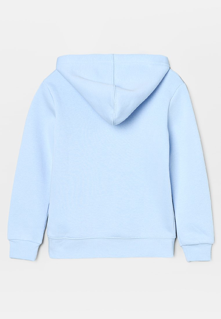 Hoodie bleu clair en tissu doux, avec une poche kangourou, un capuchon avec cordon de serrage, et des poignets et un ourlet côtelés. Aucun motif visible à l'avant.