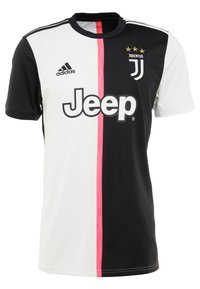Camisa de fútbol de la Juventus con un diseño dividido: negra a la izquierda, blanca a la derecha, con una franja rosa. Material: tejido ligero.