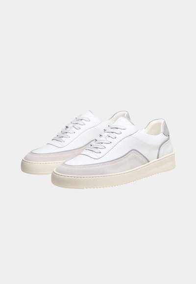 Par hvite lave sneakers med lysegrå semskede detaljer og beige gummisul, vist side om side på ensfarget bakgrunn.