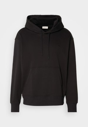 Black hoodie made of soft cotton blend, featuring a kangaroo pocket, adjustable drawstrings, and ribbed cuffs and hem. Embroidered logo on front.
