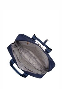 Granatowa torba z zamkiem błyskawicznym, pikowane szare wnętrze, dwa uchwyty oraz kieszenie wewnętrzne do organizacji. Gładka tekstura zewnętrzna.