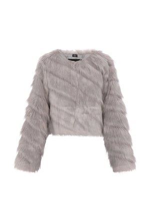 Grauimitierte Pelzjacke, tailliert, mit langen Ärmeln, strukturiertem Stoff und rundem Halsausschnitt. Verfügt über einen Reißverschluss und keine sichtbaren Beschläge.