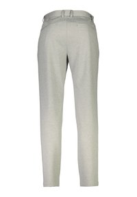 Lichtgrijze op maat gemaakte broek met een gladde textuur, voorzien van achterzakken en een tailleband met riemlussen voor een verstelbare pasvorm. Slanke, taps toelopende pijpen.