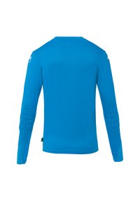 Chemise à manches longues en tissu bleu éclatant, présentant un rembourrage texturé au niveau des coudes et un col rond simple.