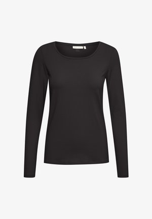 Must mustreening top, millel pikkade varrukatega ja ümmarguse kaelusega, valmistatud pehmest kangast. Omab kitsast lõiget ja minimaalset õmbluse detaili kaelusel.