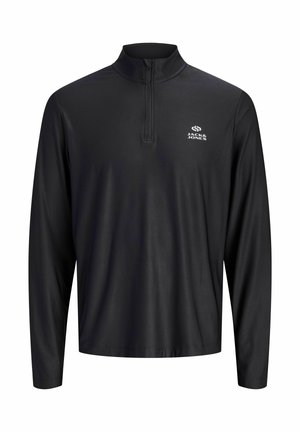 Schwarzer Langarmpullover mit Viertel-Reißverschluss und kleinem weißen Jack & Jones Logo auf der linken Brust.
