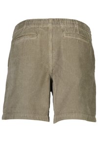 Pantalones cortos de pana en marrón claro, con una cinturilla elástica, dos bolsillos traseros y textura de canalé vertical en toda su superficie.