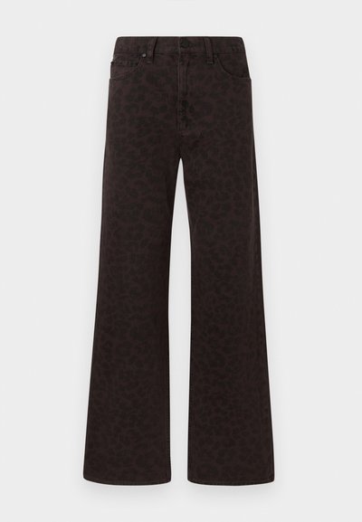 Rifľové nohavice s širokými nohavicami v tmavohnedom denime s jemným leopardím vzorom, päťvreckovým dizajnom a zapínaním na gombíky v páse.