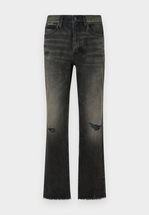 Black denim flared jeans with a faded finish, visible distressing, and frayed hem. Features classic five-pocket styling and metal button closure.